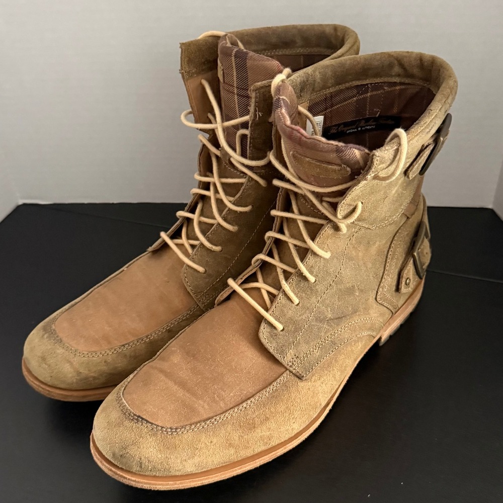 Rockport x Barbour Mens 13 Tan Suede Canvas Plaid Lined Buckle Field Boots